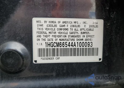 2004 Honda Accord Ex from USA, damaged, VIN 1HGCM66544A100093